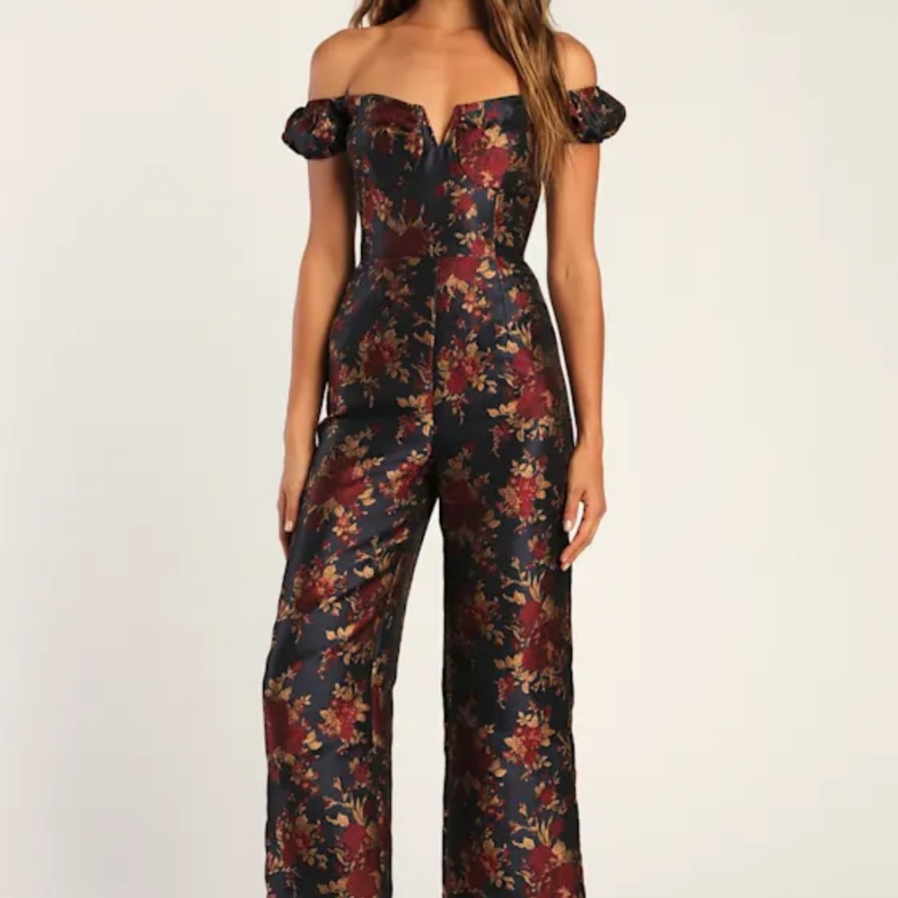 Lulu's Black and Red Floral Off-Shoulder Jumpsuit